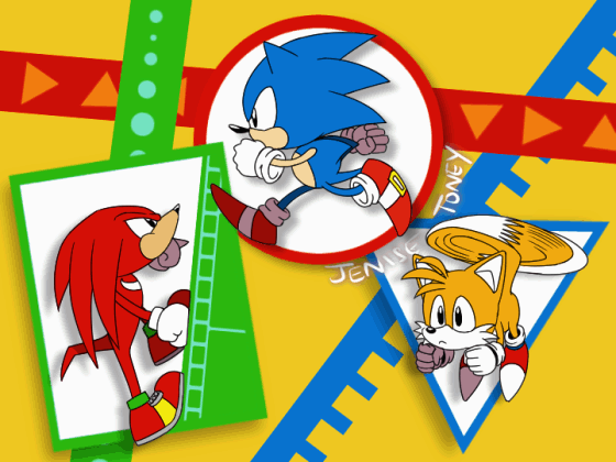 Classic Sonic, Tails and Knuckles on the move in a loop, framed in various shapes.